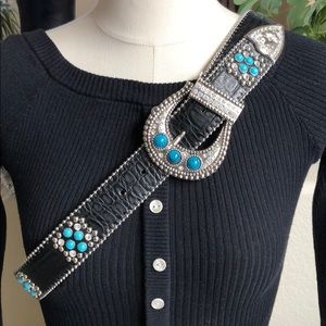 Genuine Leather Turquoise & Diamond Embedded belt